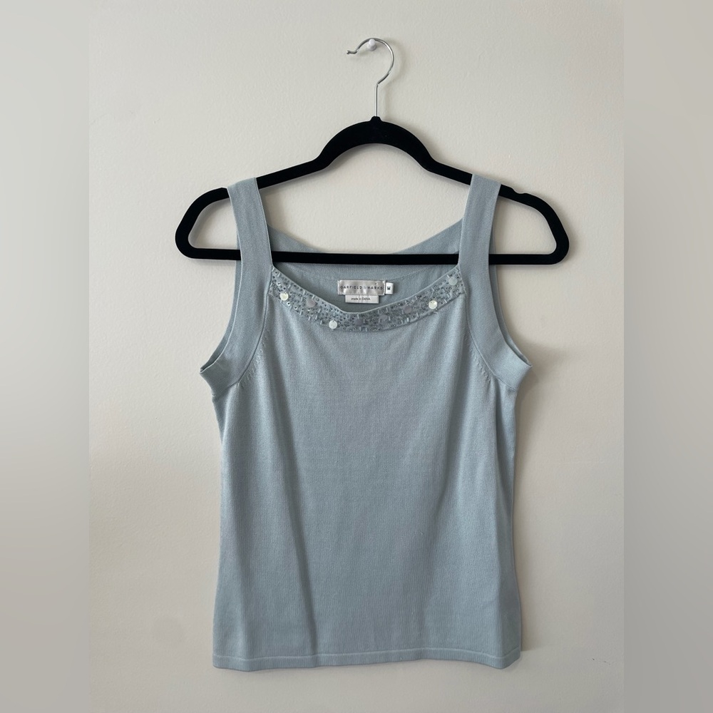 90s Vintage Silk Blue Beaded Sequin Chic Minimalist Knit Square Neck Top Medium